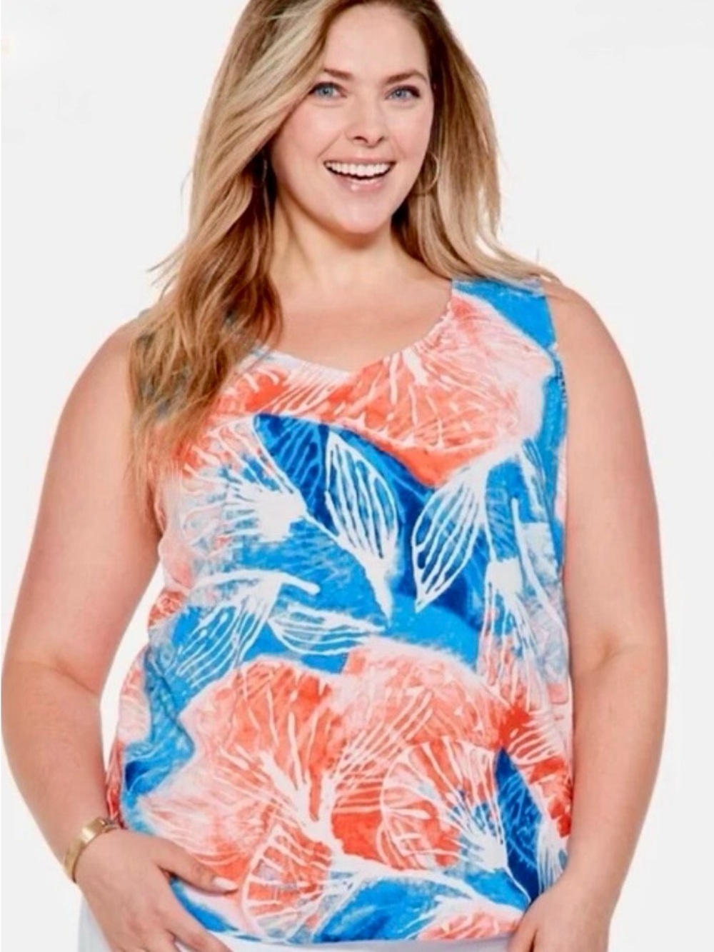 NIC+ZOE Coral & Blue Shell-Print V-Neck Tank
